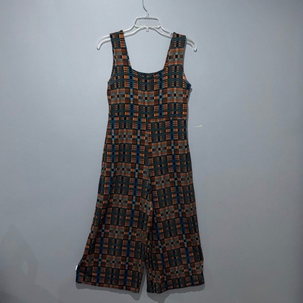 Salaam Jumpsuit Womens Small Orange Teal Plaid Knit Wide Leg Cropped Boho USA